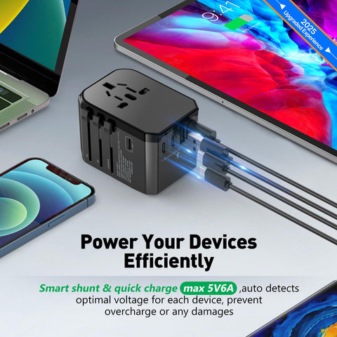 HICHOR universal travel adapter with USB-C and USB-A ports for multi-device charging.