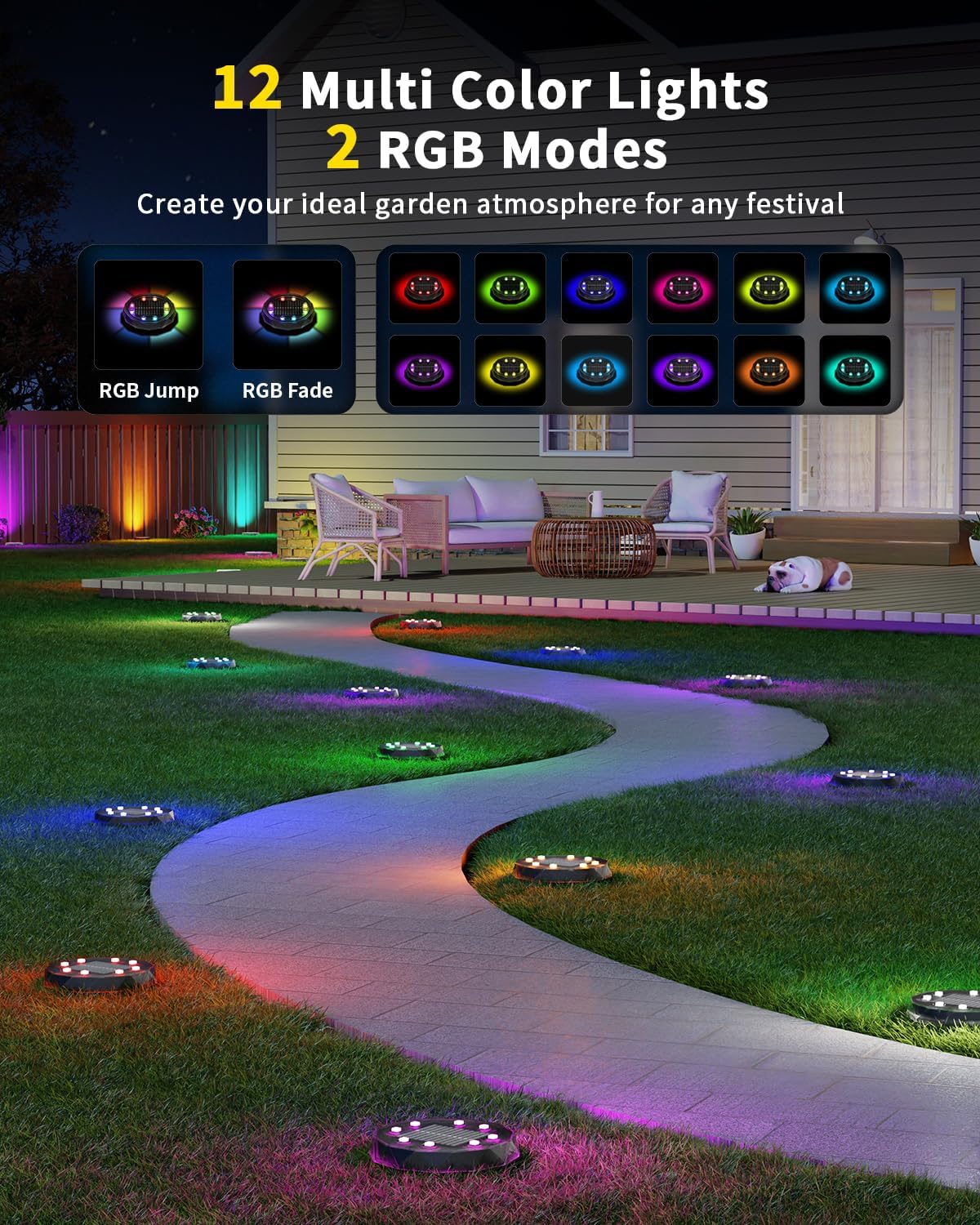Hicotet solar ground light RGBYW modes offer customizable mood lighting for gardens.