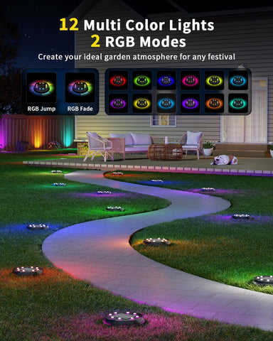 Hicotet solar ground light RGBYW modes offer customizable mood lighting for gardens.
