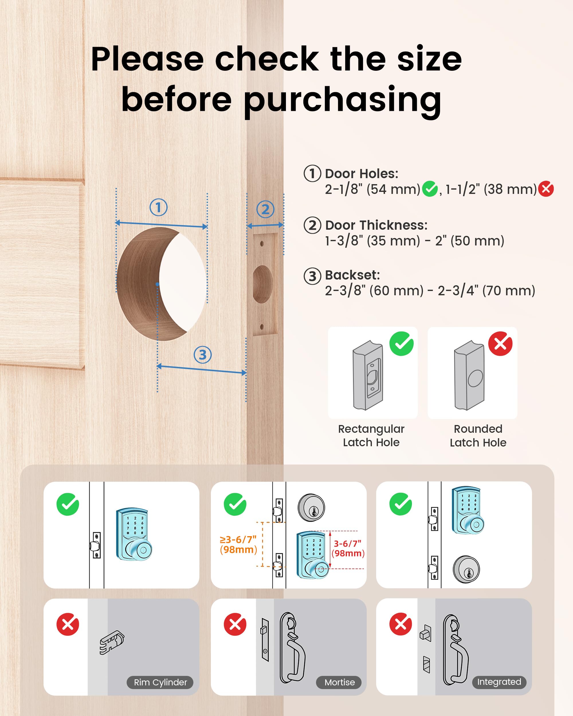 HIDALIFE backset adjustment showing 60 mm and 70 mm options.