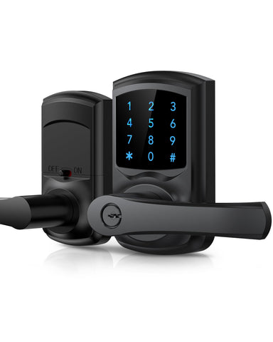 Hidalife keyless entry lock on a matte black front door with secure keypad.