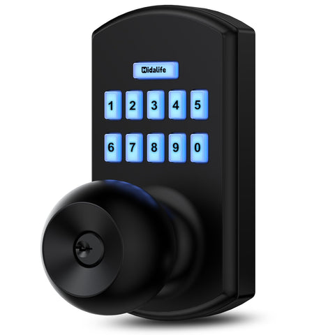 Hidalife keypad door lock on the front view, secure entry for busy homes.