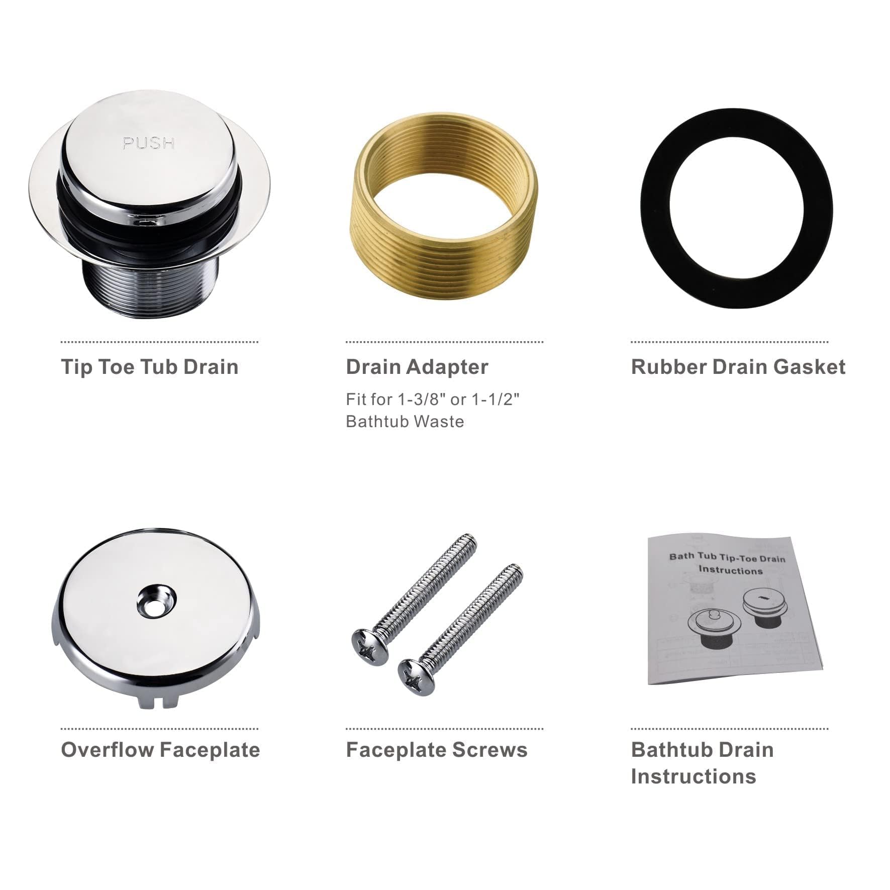 HIDROP chrome-plated finish on drain kit with included hardware
