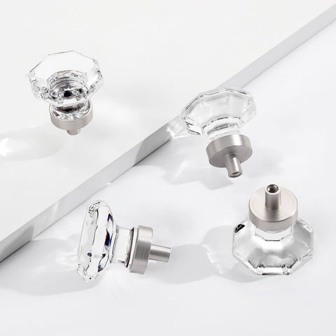 Crystal dresser knobs with brushed nickel finish resist daily wear