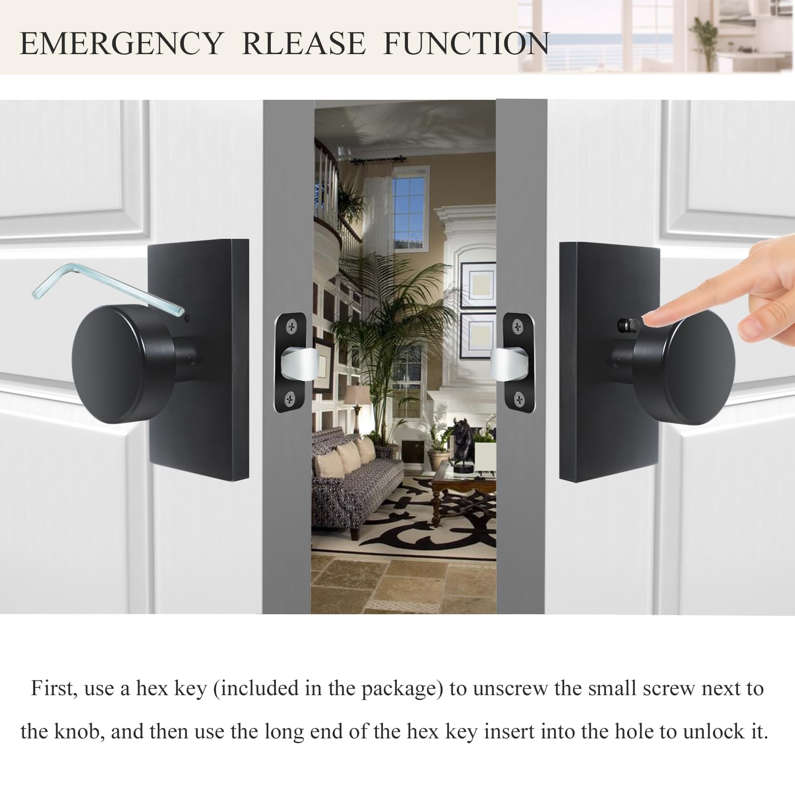 Installation steps for HIEMEY matte black door knob with common tools.