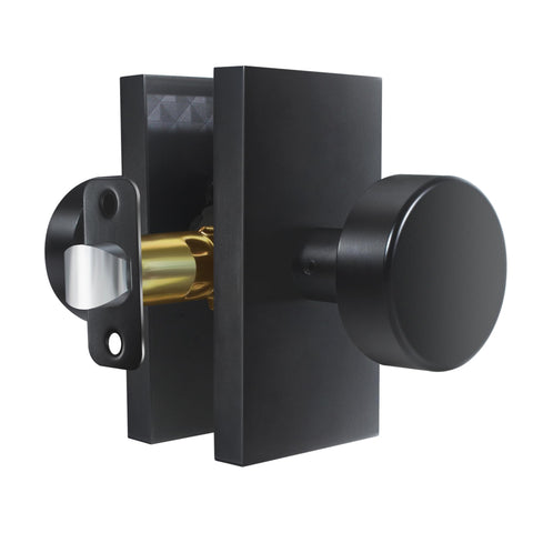 Hiemey matte black knob adjustable backset close-up demonstrates versatile fit for 60mm and 70mm doors.