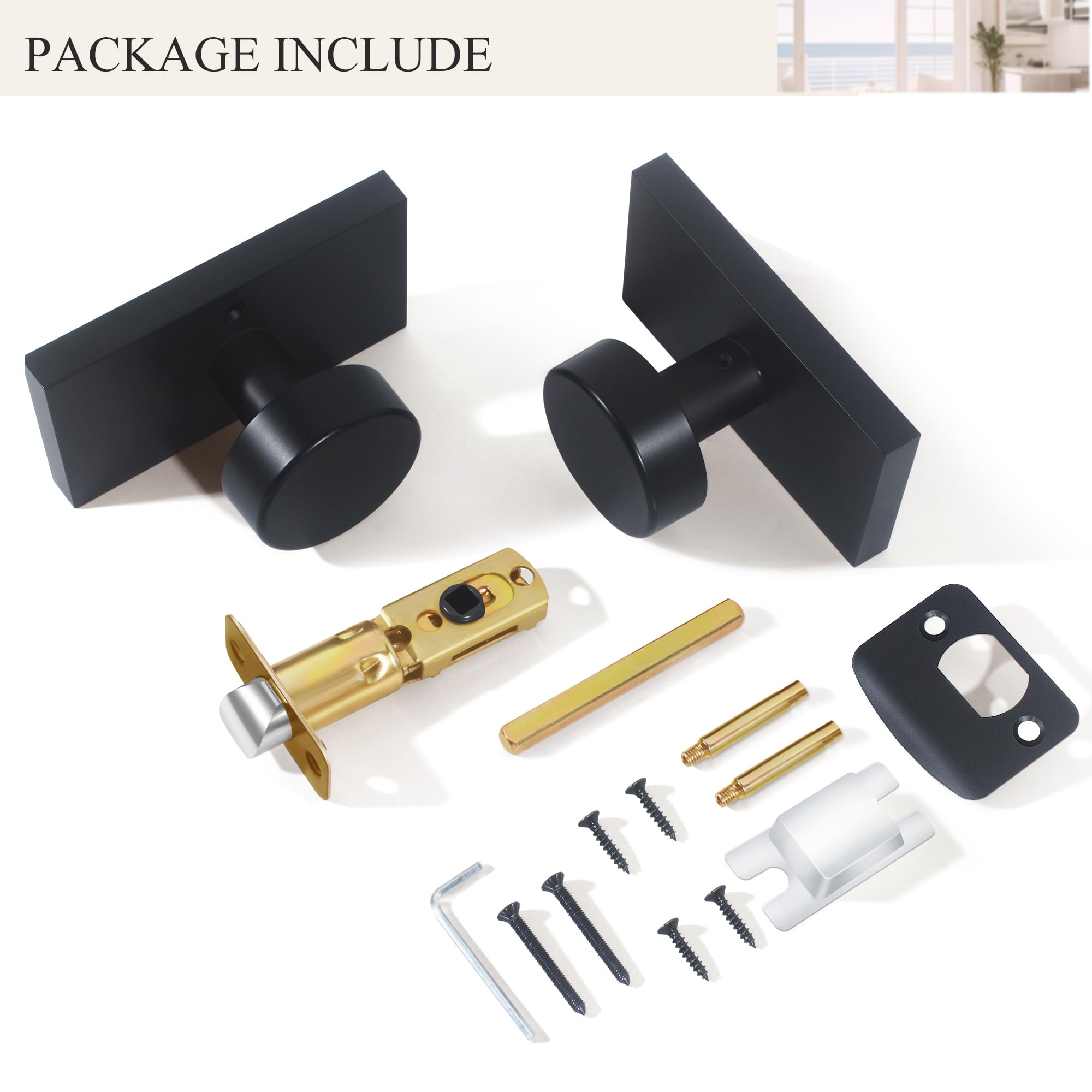 Hiemey matte black knob with universal fit close-up communicates flexible installation for interior rooms.
