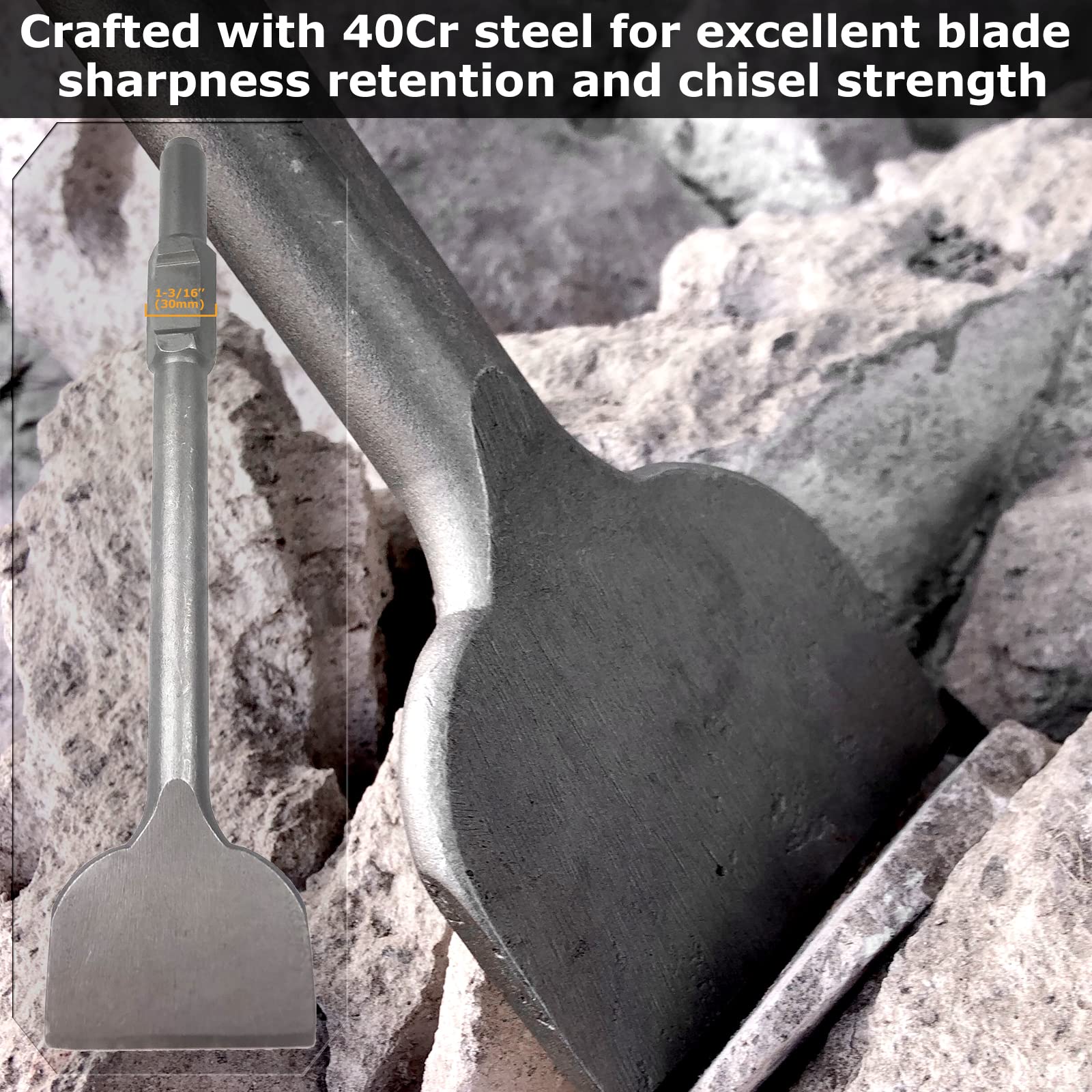 HIGOSPRO tile scraper beside a 30mm hex notch for compatible tool fit