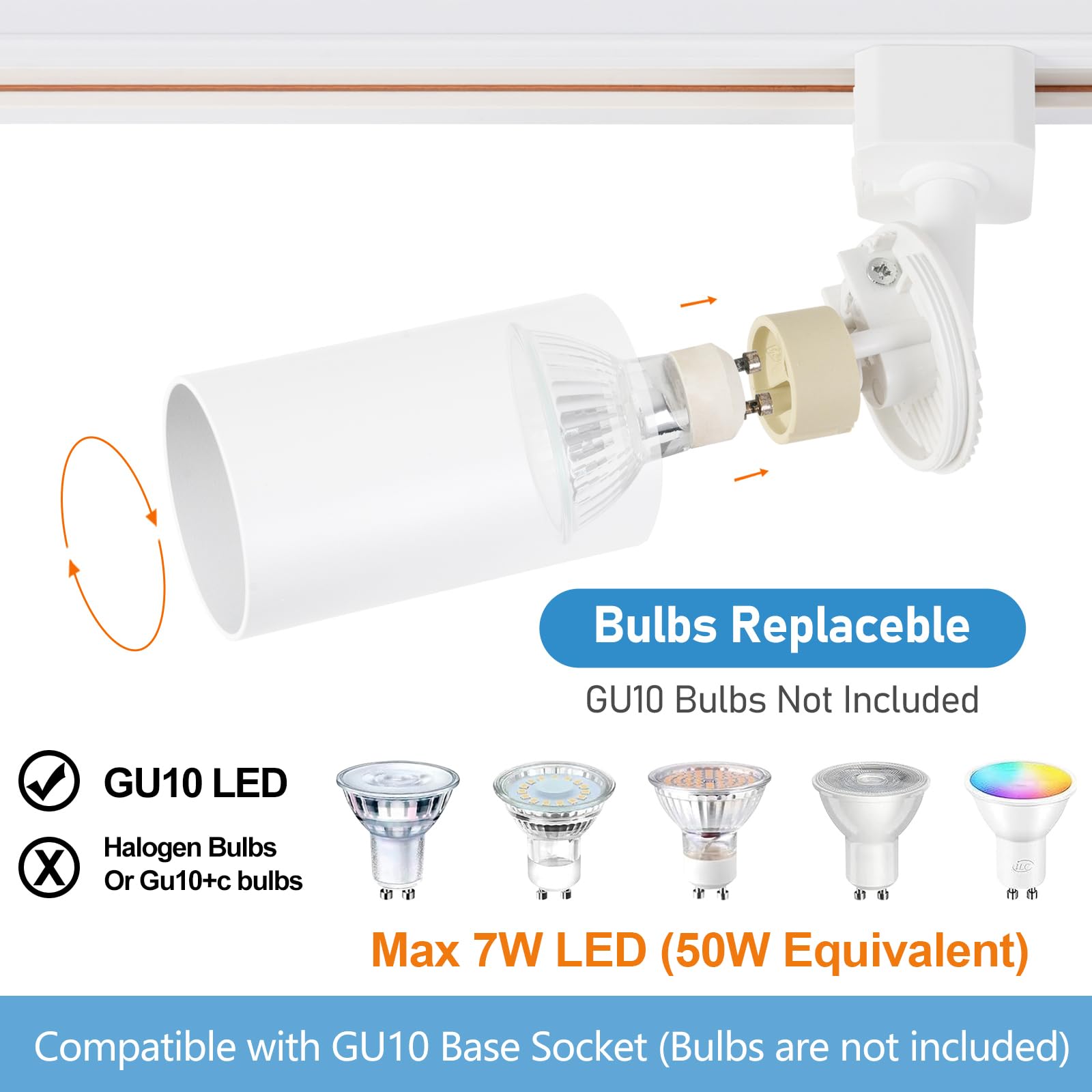 Adjustable 180° tilt and 360° rotation with Hiiglxii GU10 fixtures for flexible layouts.