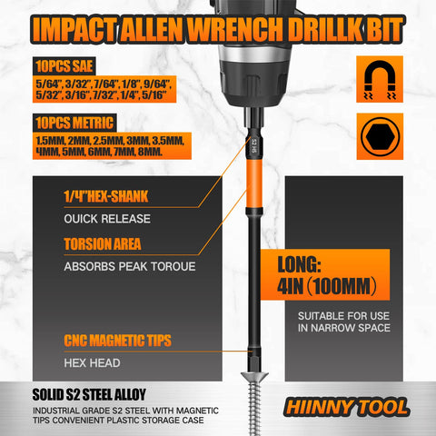 Hiinny extended 4 inch hex bit reach enables access to tight spaces