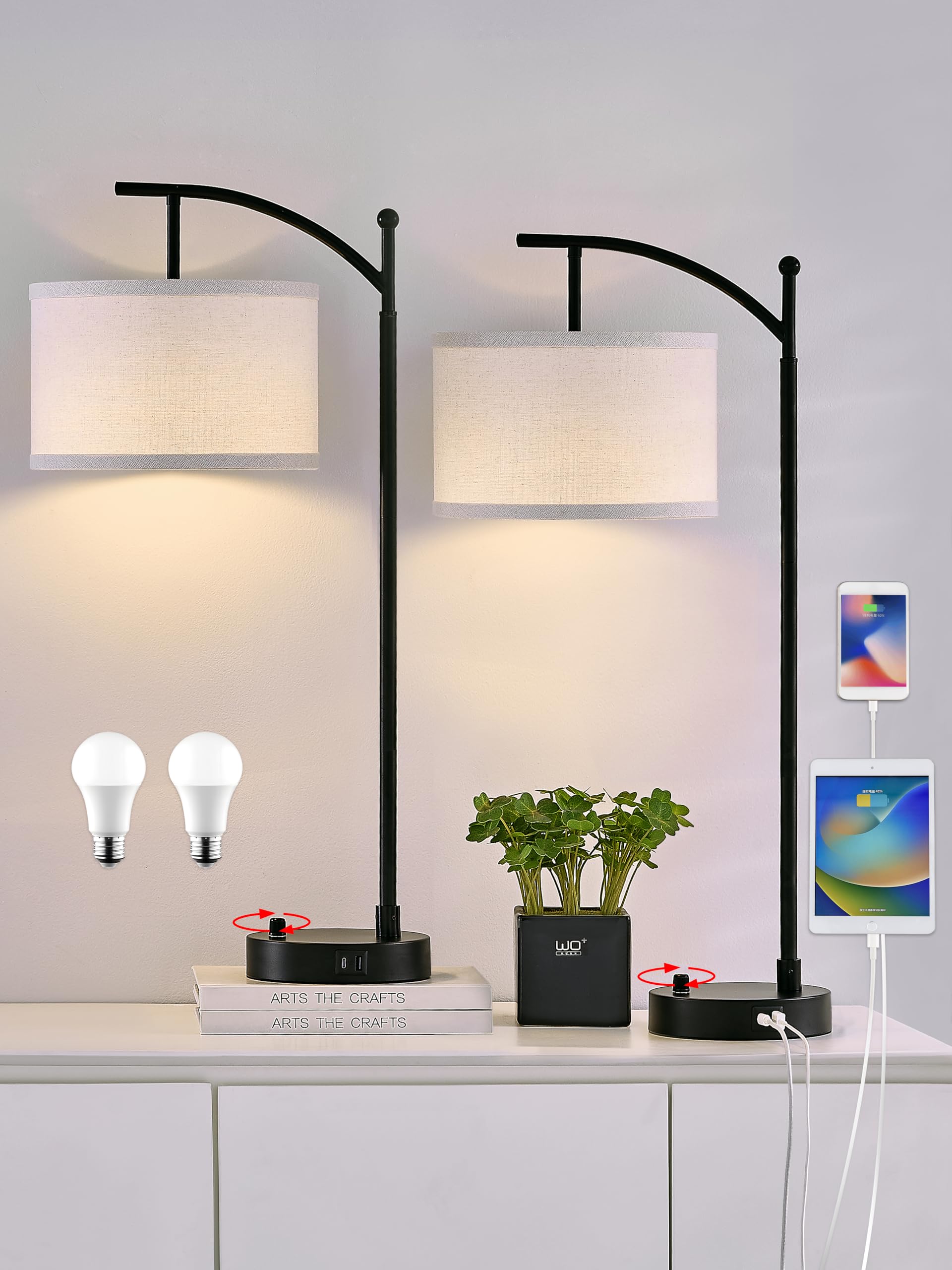 Hikczc table lamp set with black linen shades for living room or bedroom