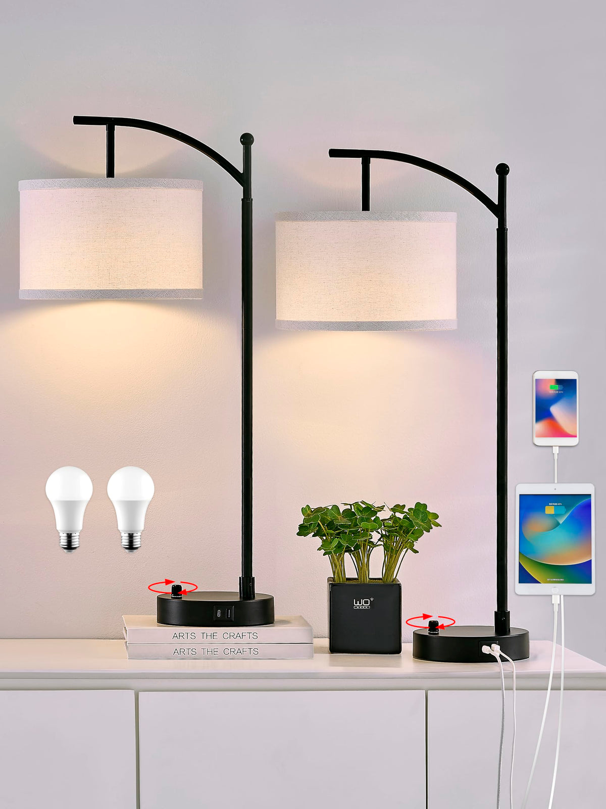 Hikczc table lamp set with black linen shades for living room or bedroom