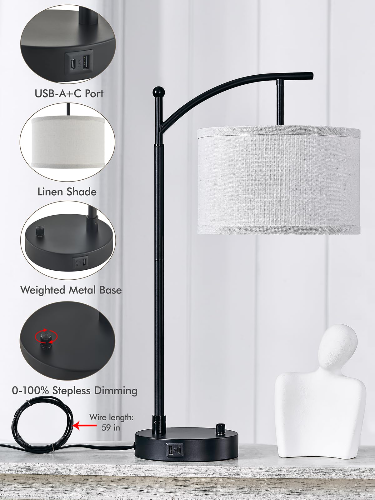 Hikczc lamp showing USB-C and USB-A ports for device charging