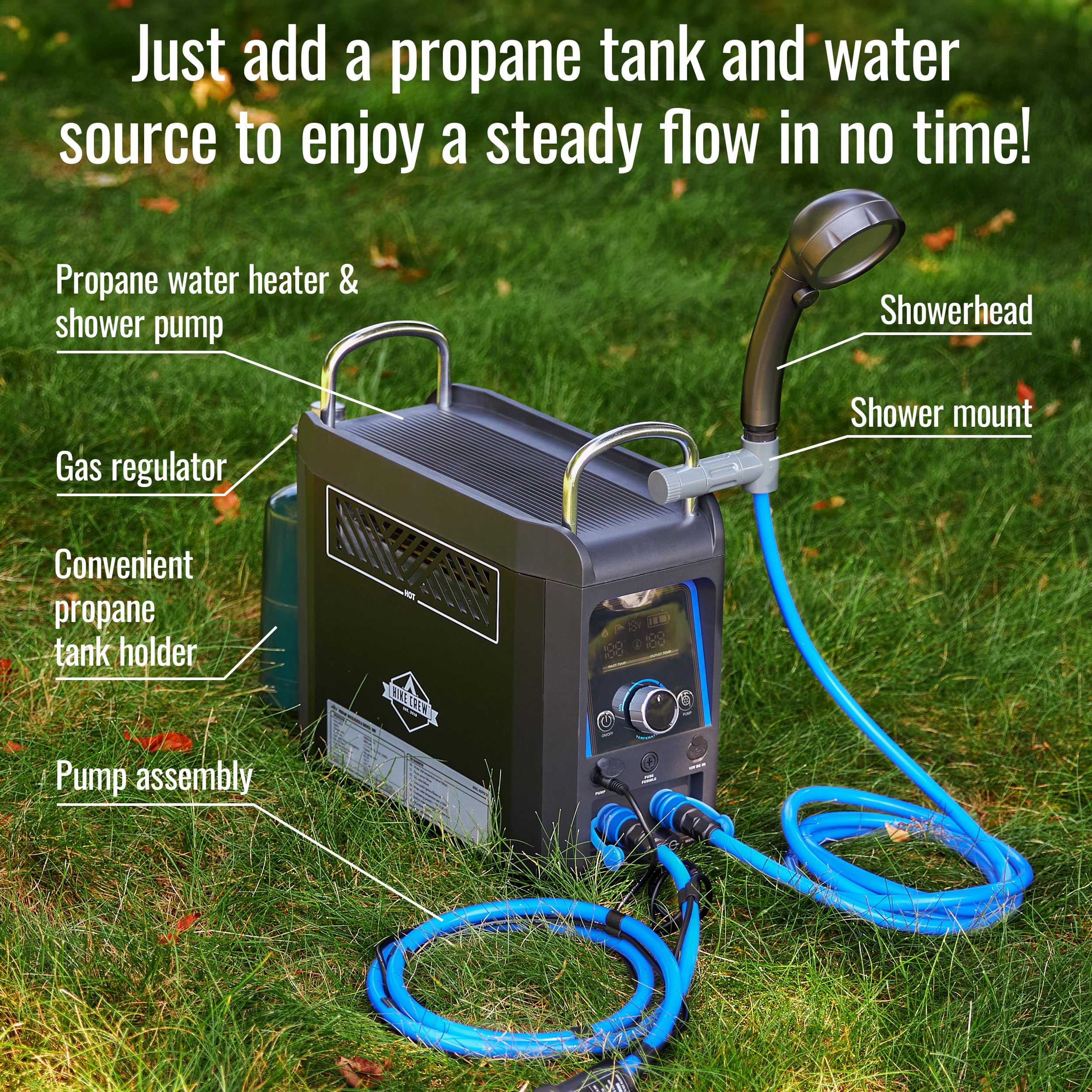 Hike Crew LCD display and controls show temperature and power status