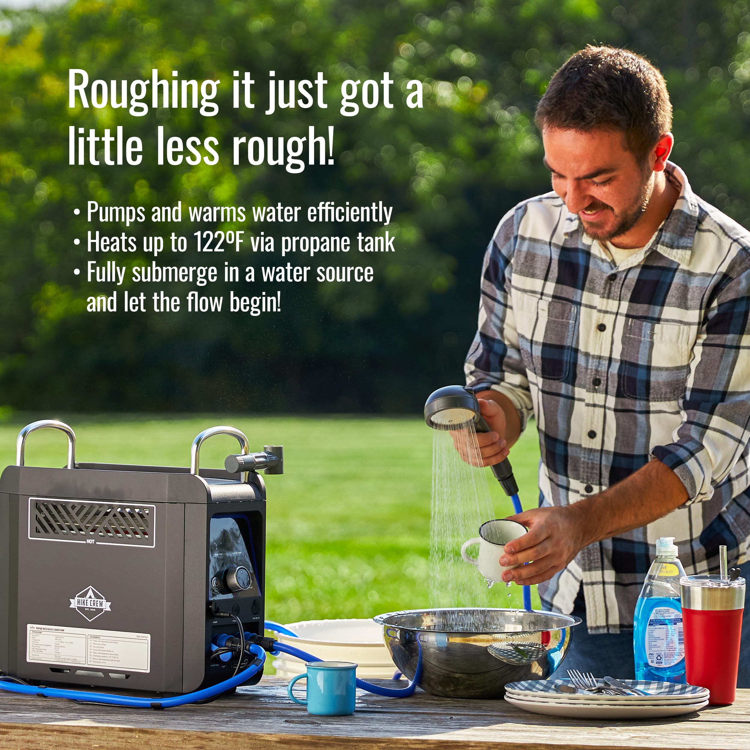 Hike Crew portable water system with shower head for camping setup