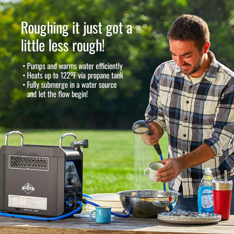 Hike Crew portable water system with shower head for camping setup