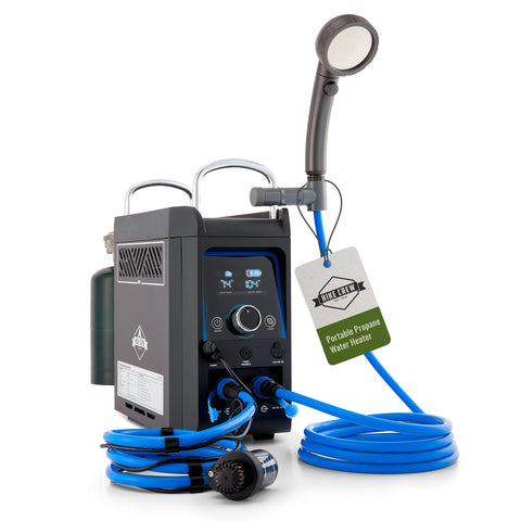 Hike Crew propane water heater and shower pump provides outdoor hot water on demand