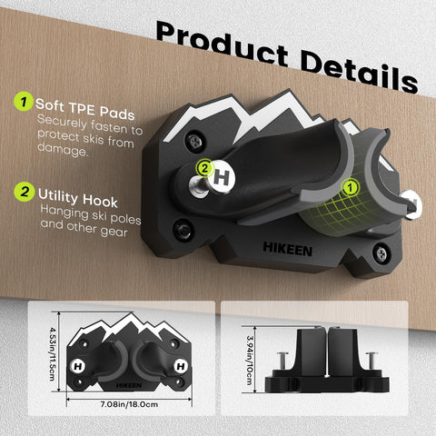 Hikeen Ski & Snowboard Wall Mount adjustable arms fit multiple skis and boards securely.