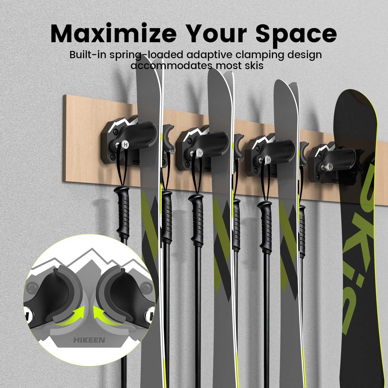 Hikeen Ski & Snowboard Wall Mount gravity lock for easy grab and go.