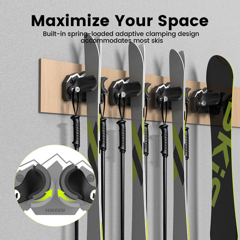 Hikeen Ski & Snowboard Wall Mount gravity lock for easy grab and go.