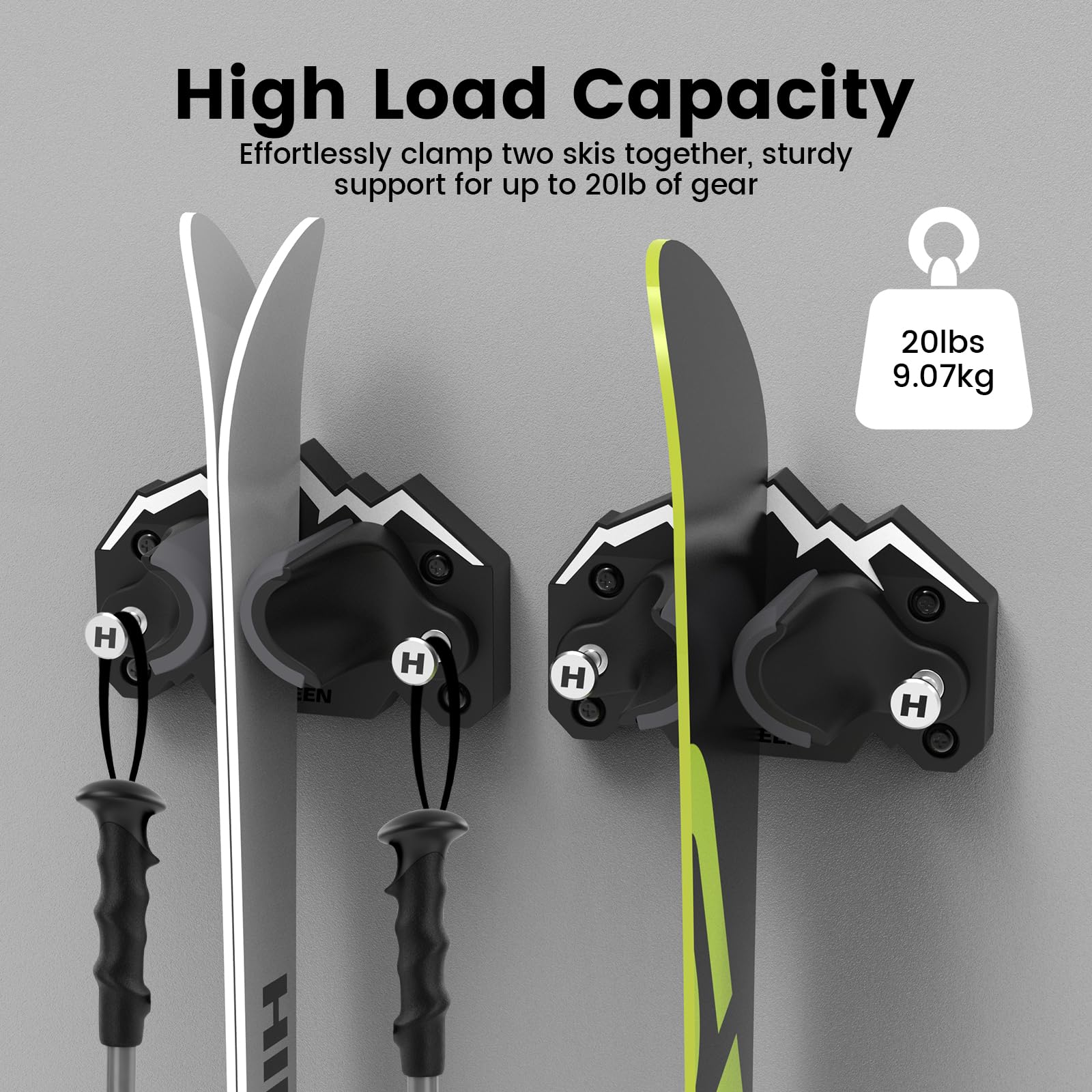 Hikeen Ski & Snowboard Wall Mount side pole hooks keep poles organized.