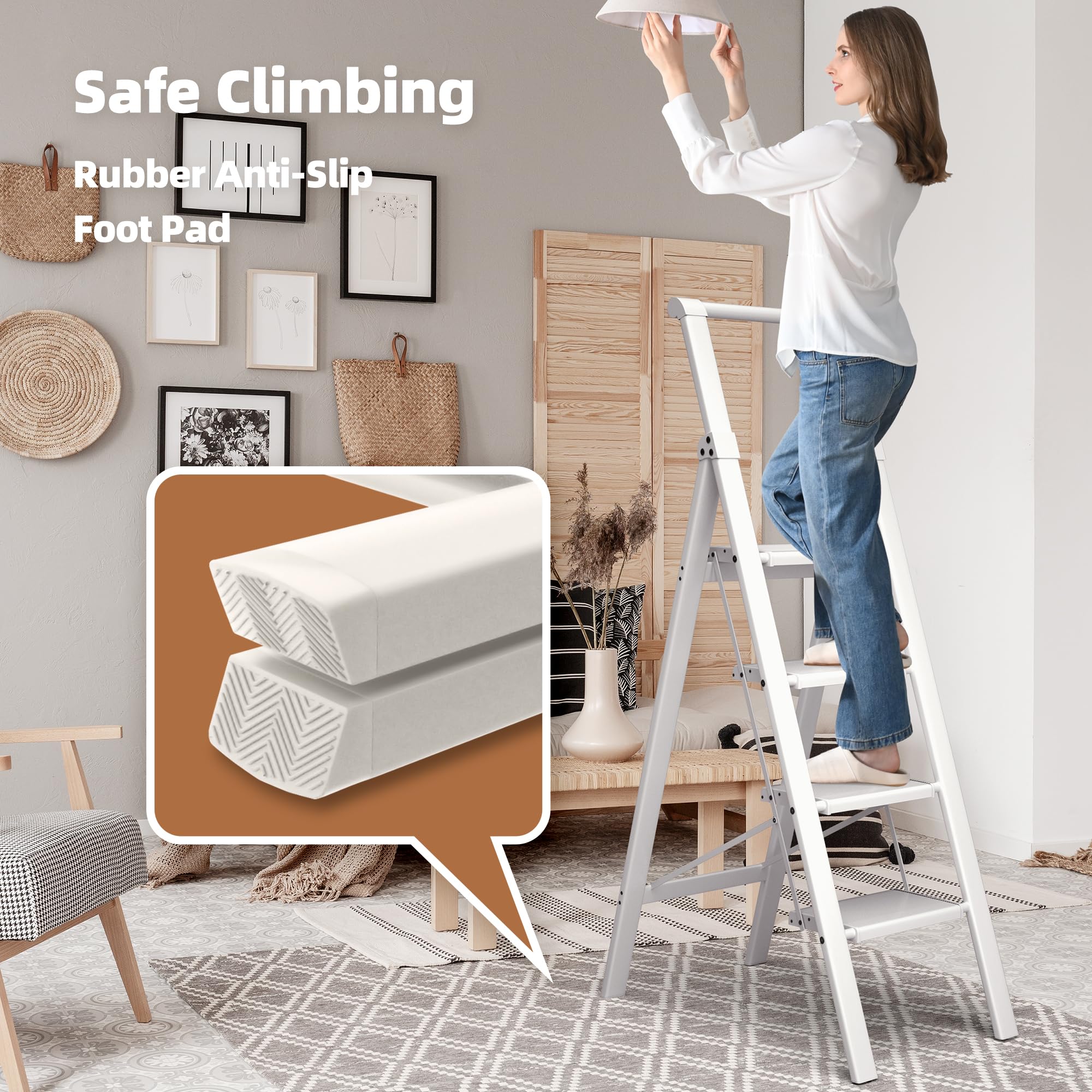 HillhutApex 4 Step Foldable Ladder rubber feet protect floors from scratches.