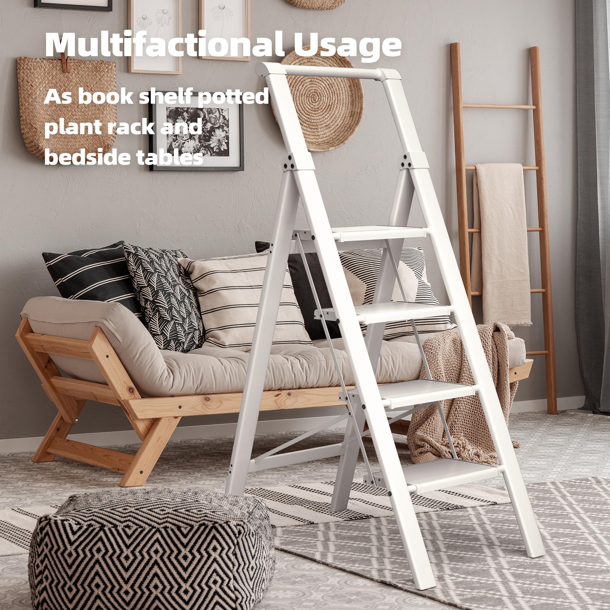 HillhutApex 4 Step Foldable Ladder wide pedals for secure footing.