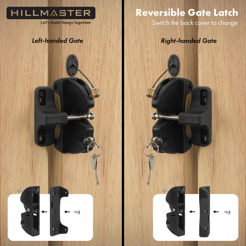 Hillmaster adjustable latch mounted on square post for left/right hinges.