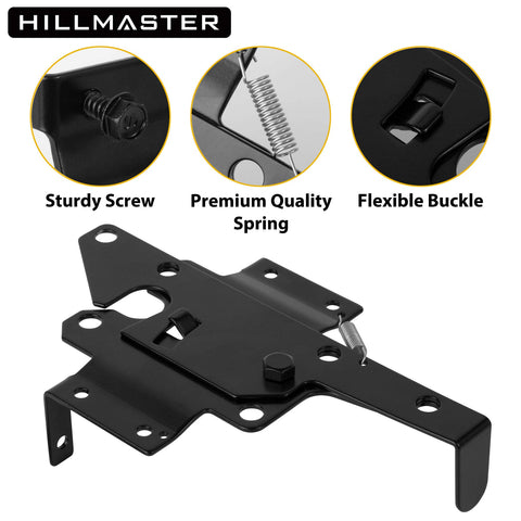 HILLMASTER black-finish gate latch complements outdoor decor with strong protection.