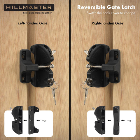 Hillmaster durable latch showing stainless steel and polymer construction for rust resistance.