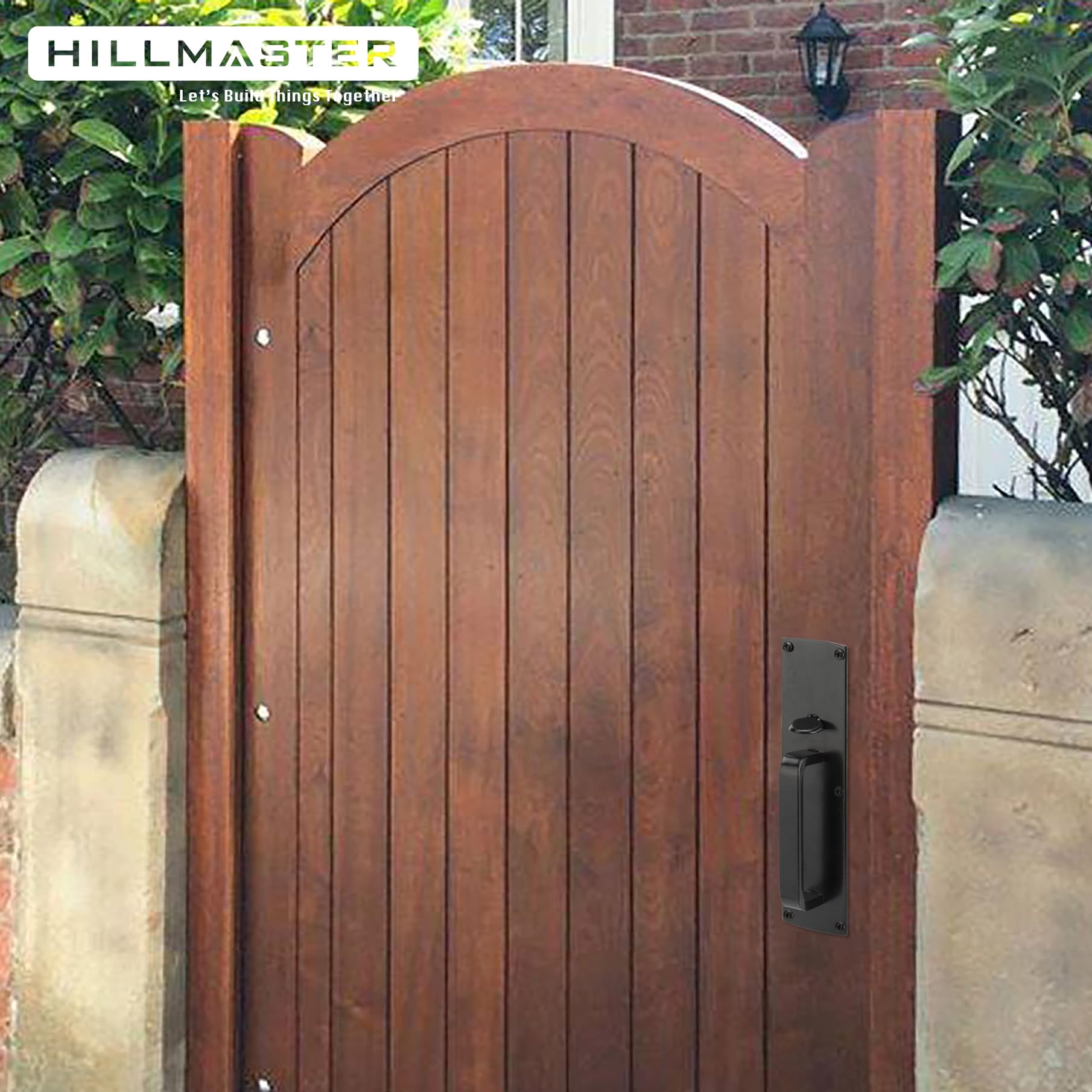 Hillmaster gate latch close-up button highlights easy thumb release.