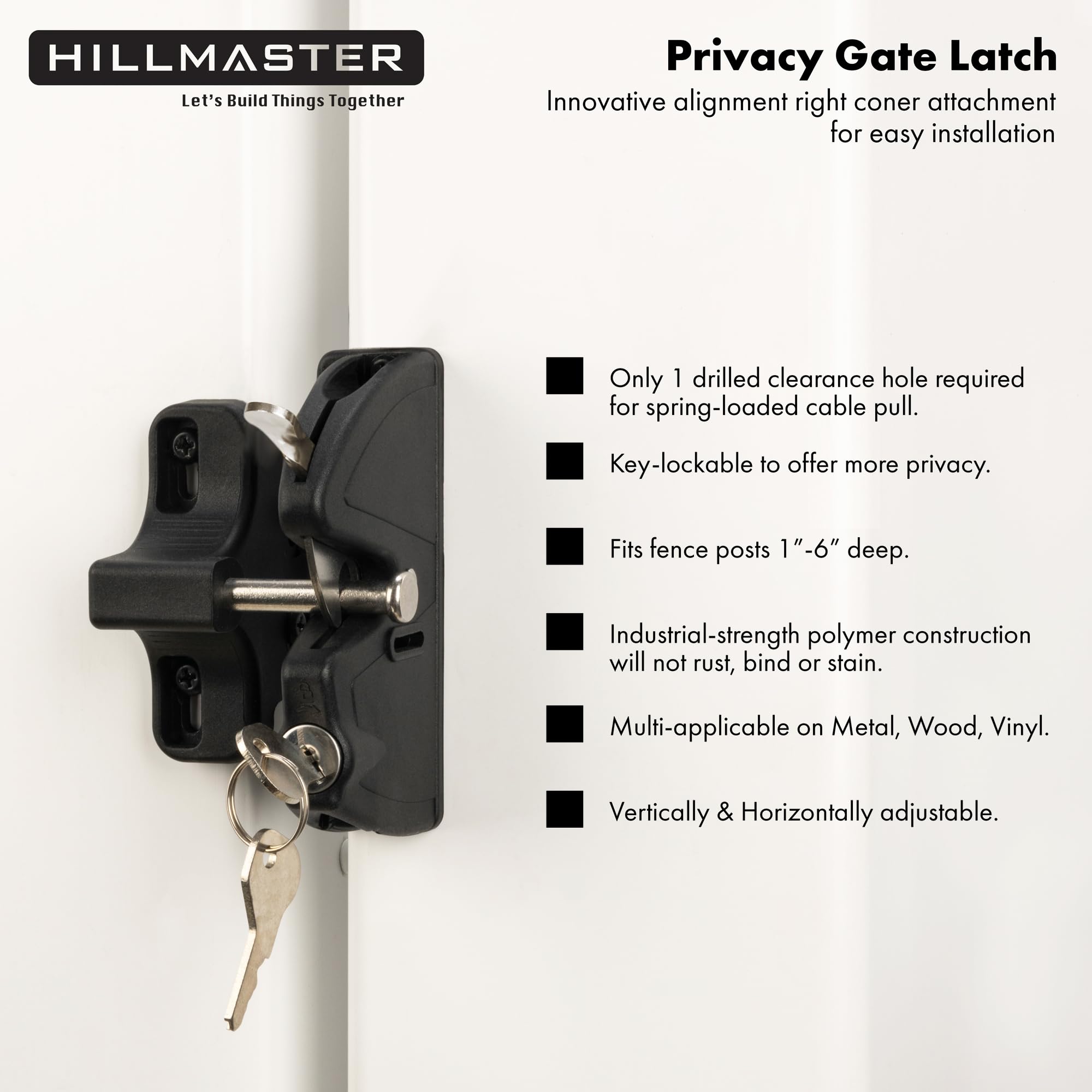 Hillmaster self-locking gate latch with included keys for easy access control.