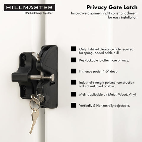Hillmaster self-locking gate latch with included keys for easy access control.