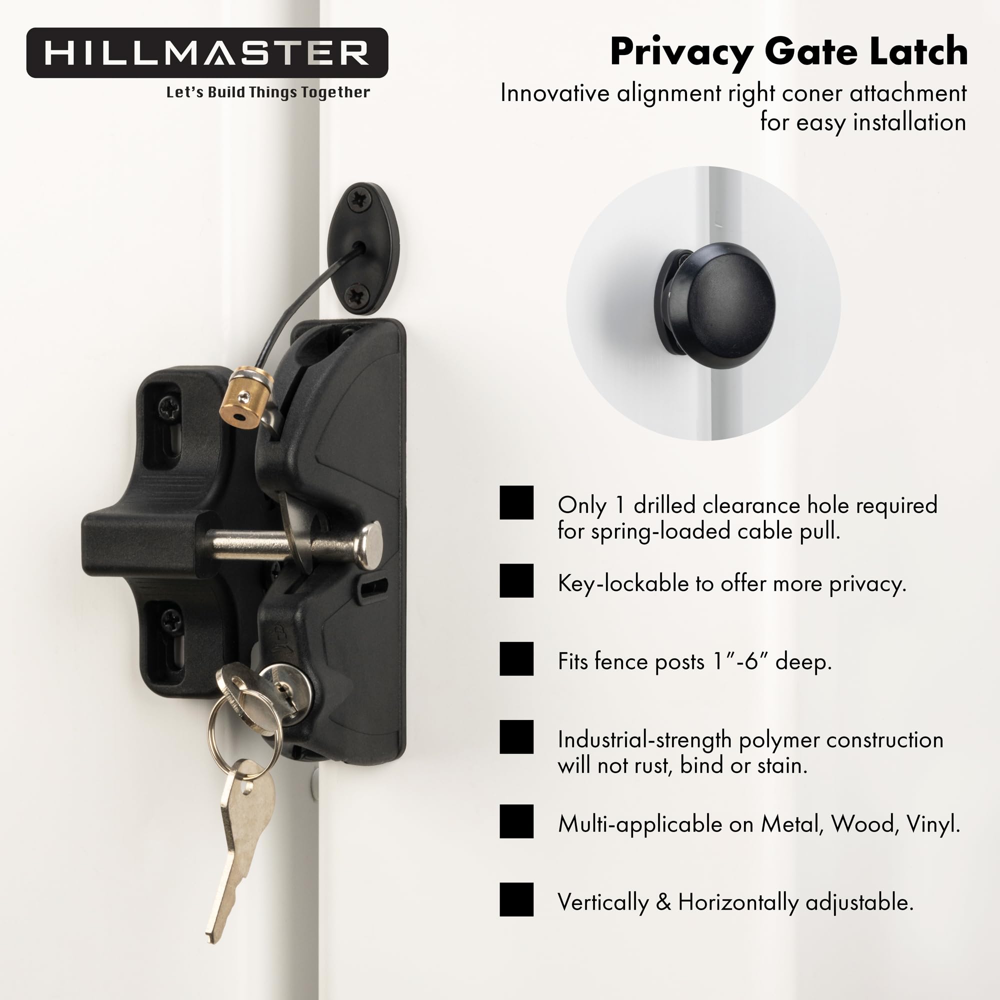 Hillmaster latch close-up showing spring-loaded cable pull for easy use.