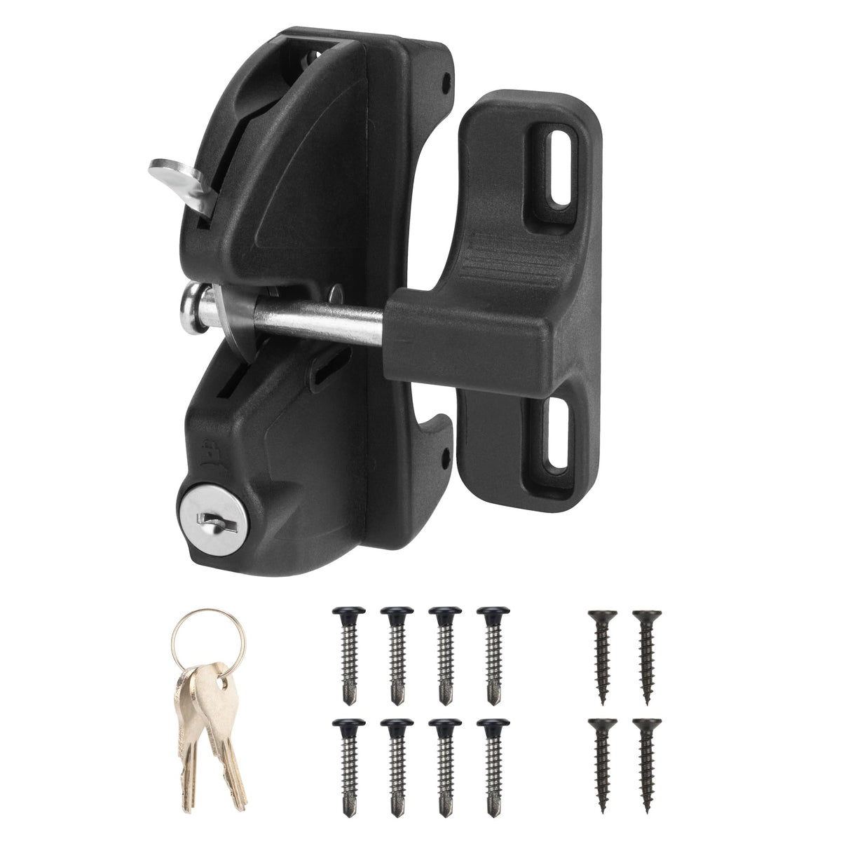 Hillmaster key lockable 2-sided gate latch in black finish secures outdoor gates.