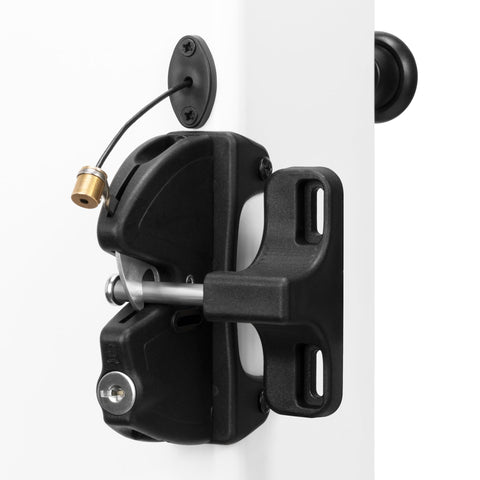 Hillmaster key lockable gate latch on square post, secure outdoor gate.