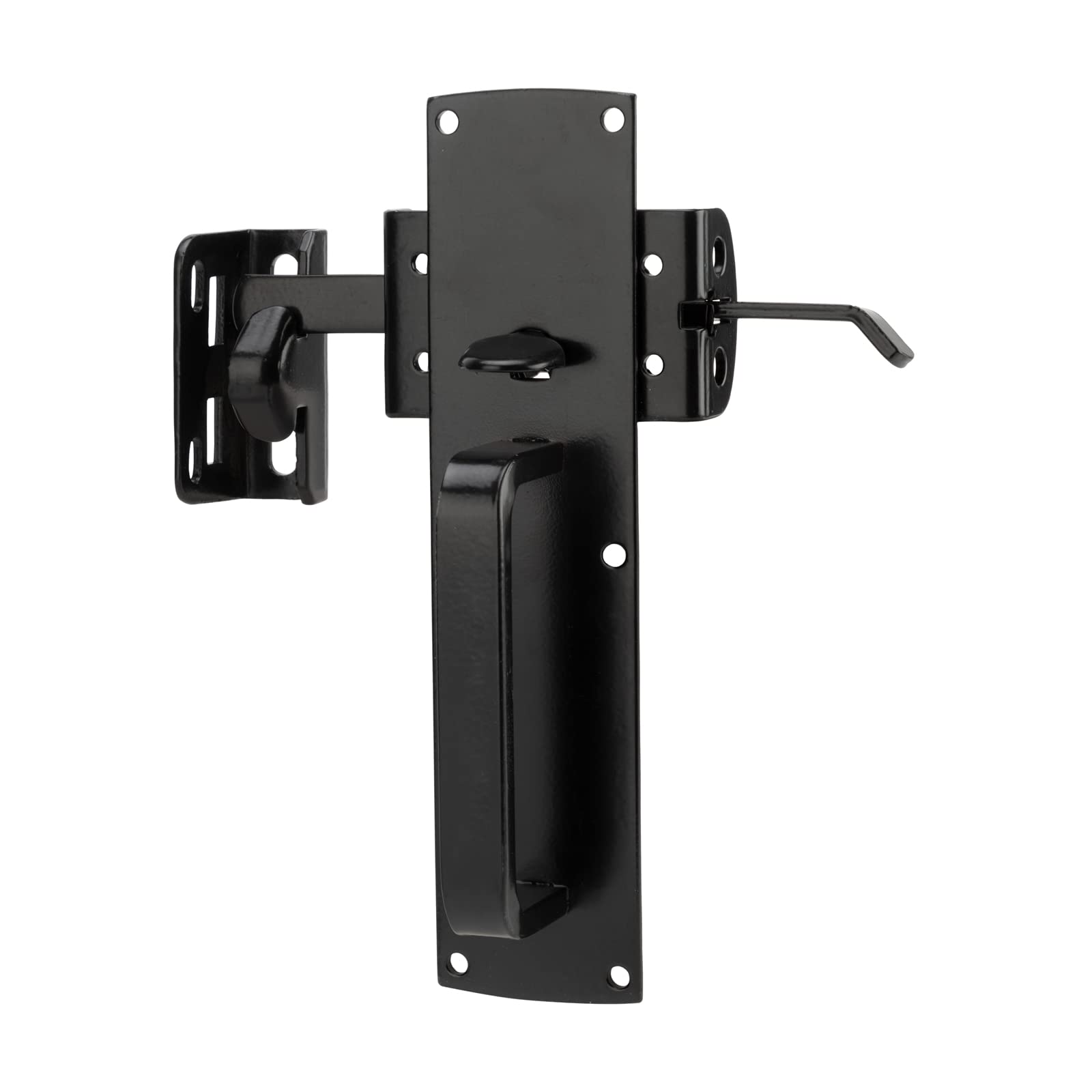 Hillmaster self-closing thumb gate latch front view shows secure privacy fencing.
