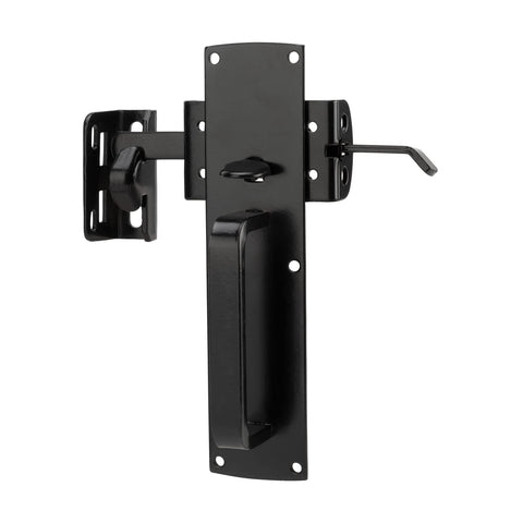Hillmaster self-closing thumb gate latch front view shows secure privacy fencing.