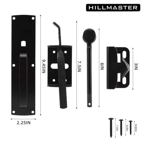 Hillmaster powder-coated finish on latch signals corrosion resistance and durability.