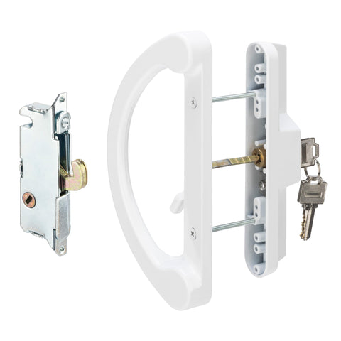 Hillmaster sliding door handle with mortise lock, durable white finish for long-lasting patio security.
