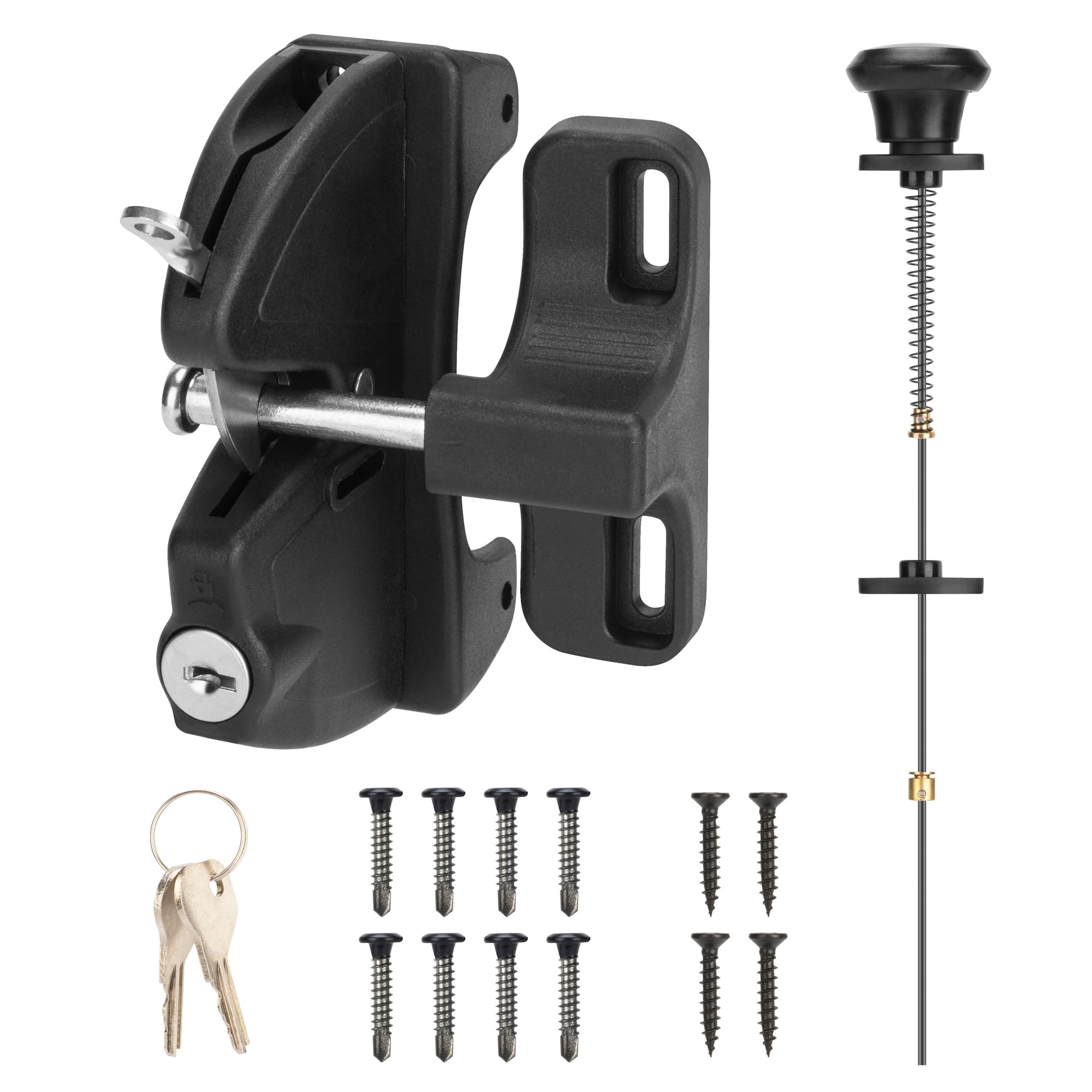 Hillmaster versatile latch securing wood, metal, and vinyl gates.