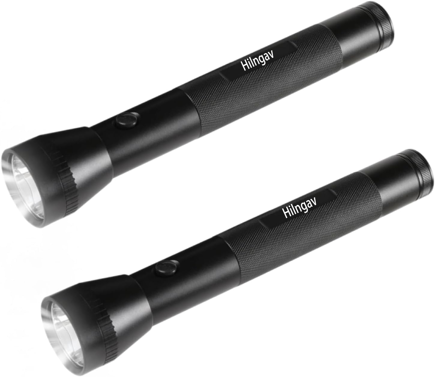 Hilngav heavy-duty D-battery LED flashlight, front view, ideal for outdoor illumination.