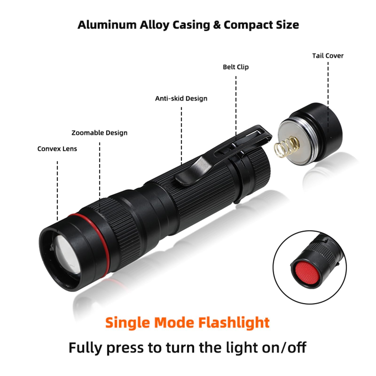 Hilngav pocket clip mini-torch closeup highlights durable aluminum body.
