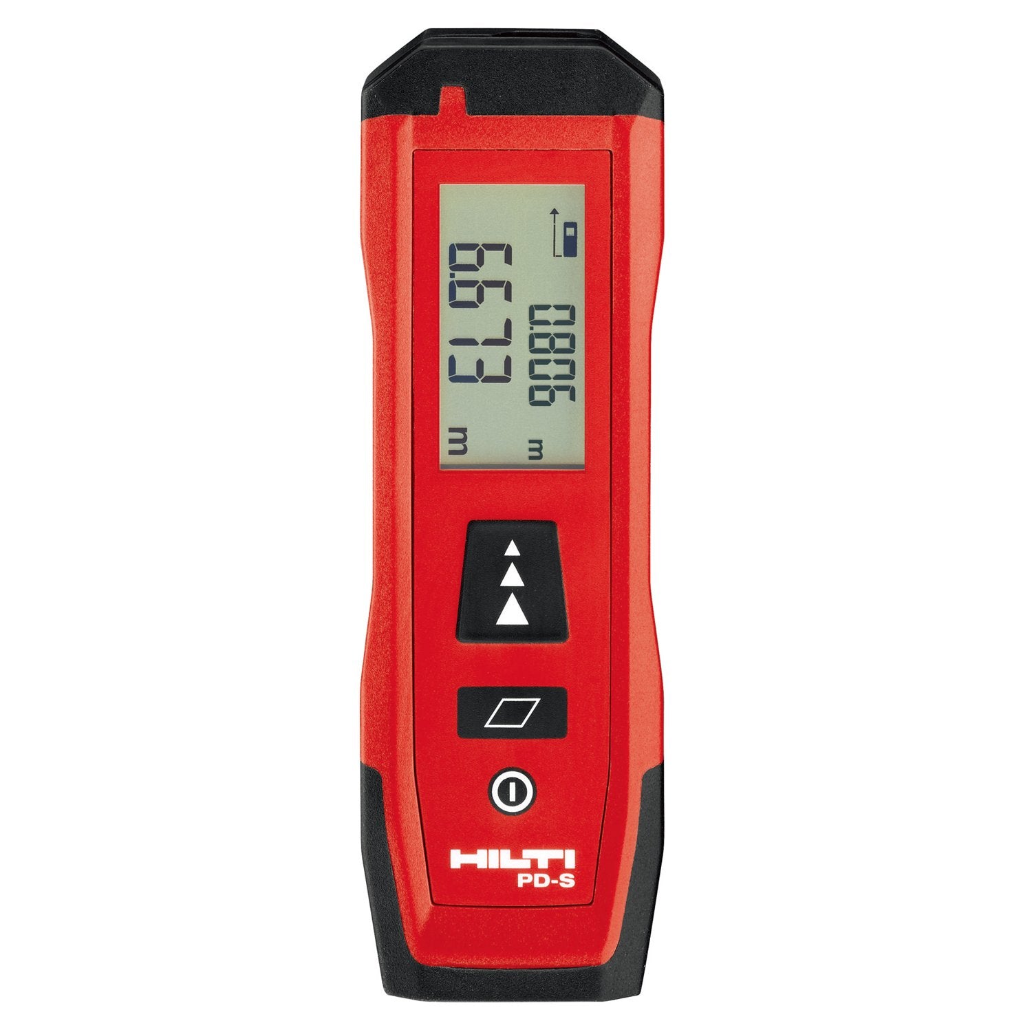 Hilti PD-S distance meter front view, compact pocket design for quick measurements.
