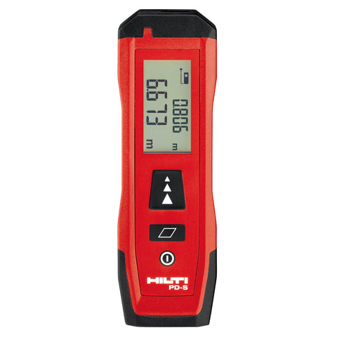 Hilti PD-S distance meter front view, compact pocket design for quick measurements.