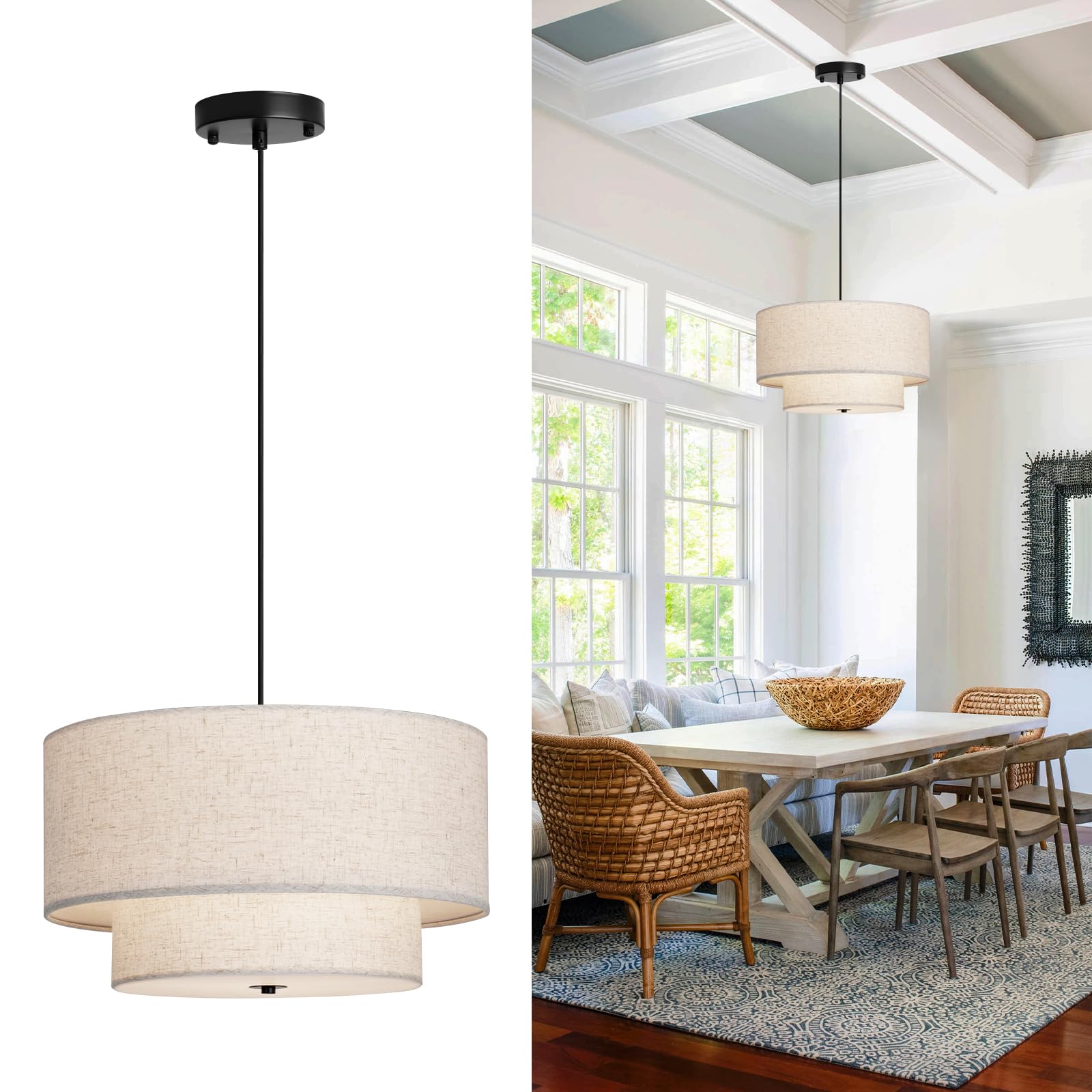 Hiluxia 18-inch double drum pendant light with beige linen shade for soft dining room illumination.
