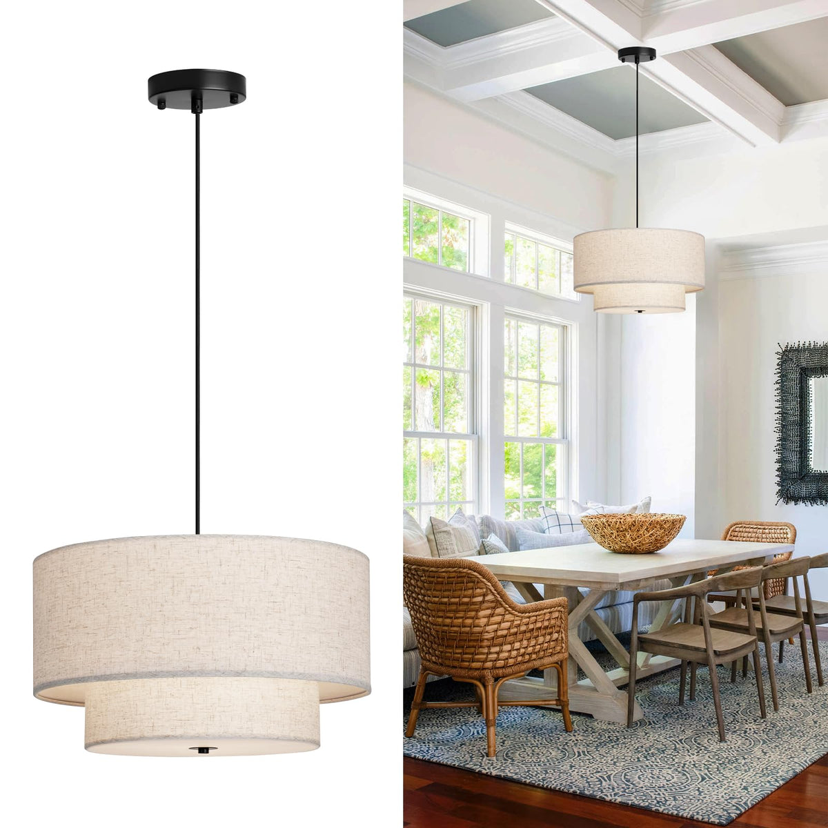 Hiluxia 18-inch double drum pendant light with beige linen shade for soft dining room illumination.
