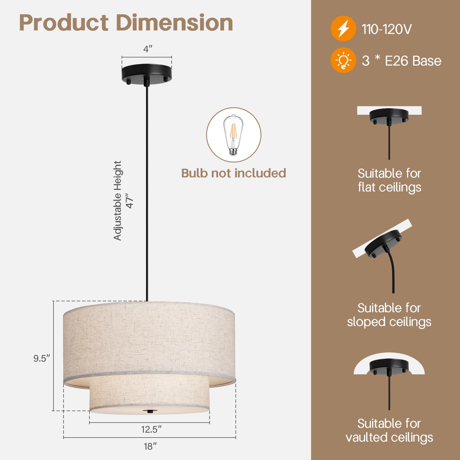 Hiluxia beige linen drum shade delivers warm, diffused light in dining areas.