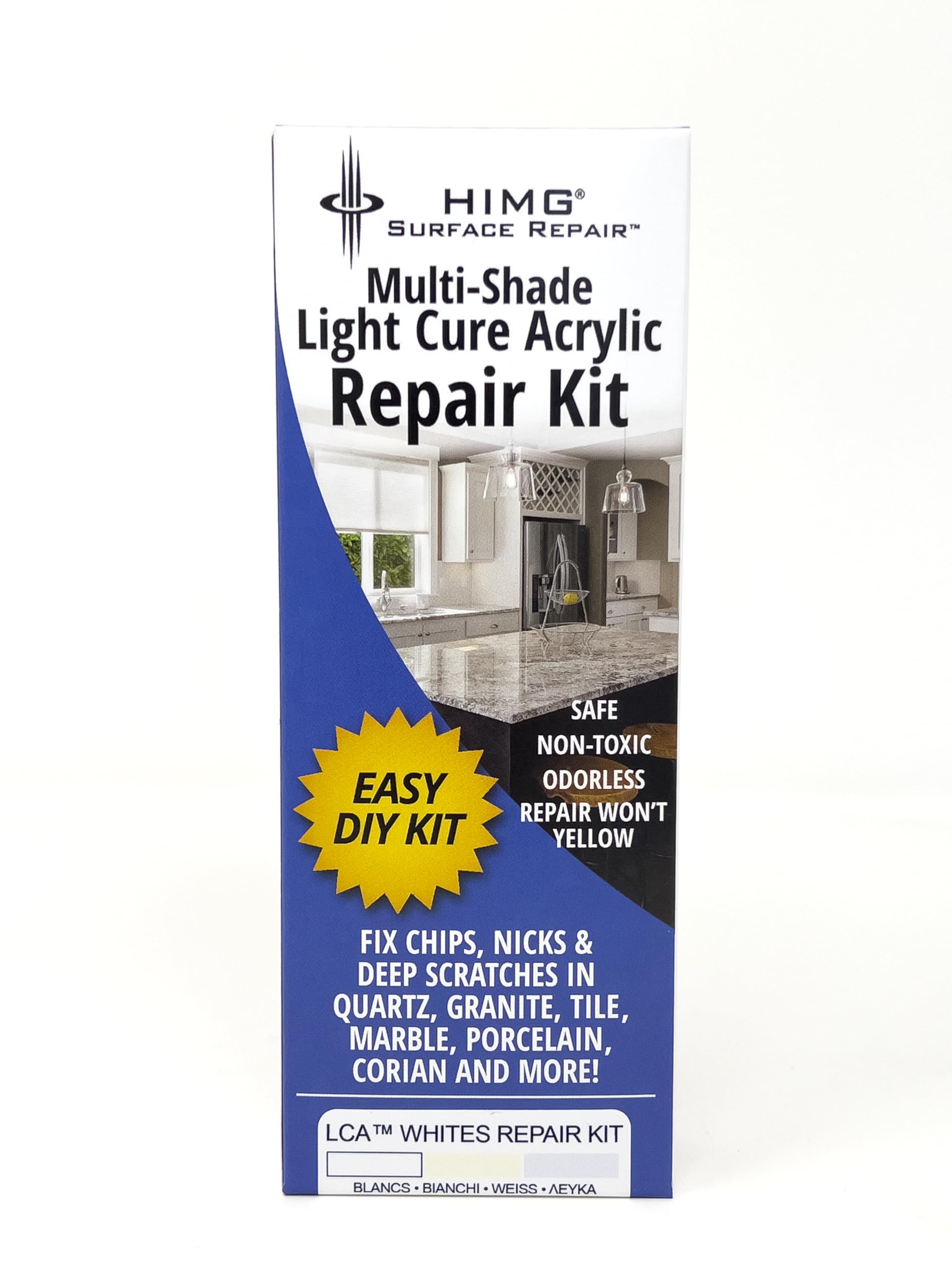 HIMG White Tones repair kit box with contents for quick countertop fixes
