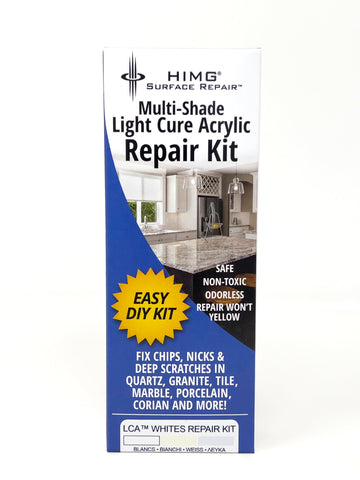HIMG White Tones repair kit box with contents for quick countertop fixes